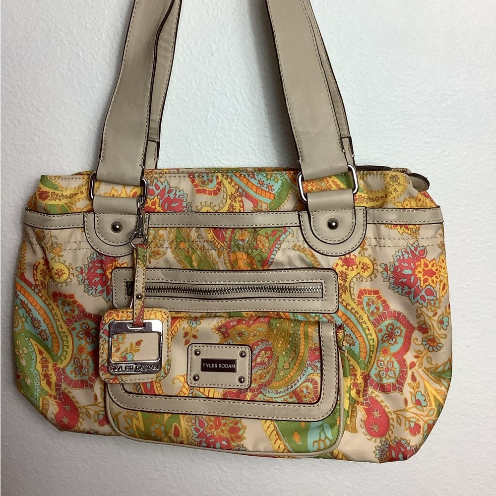 Tyler Rodan purse  orange and yellow paisley print 7 compartments 15 X 10 EUC.